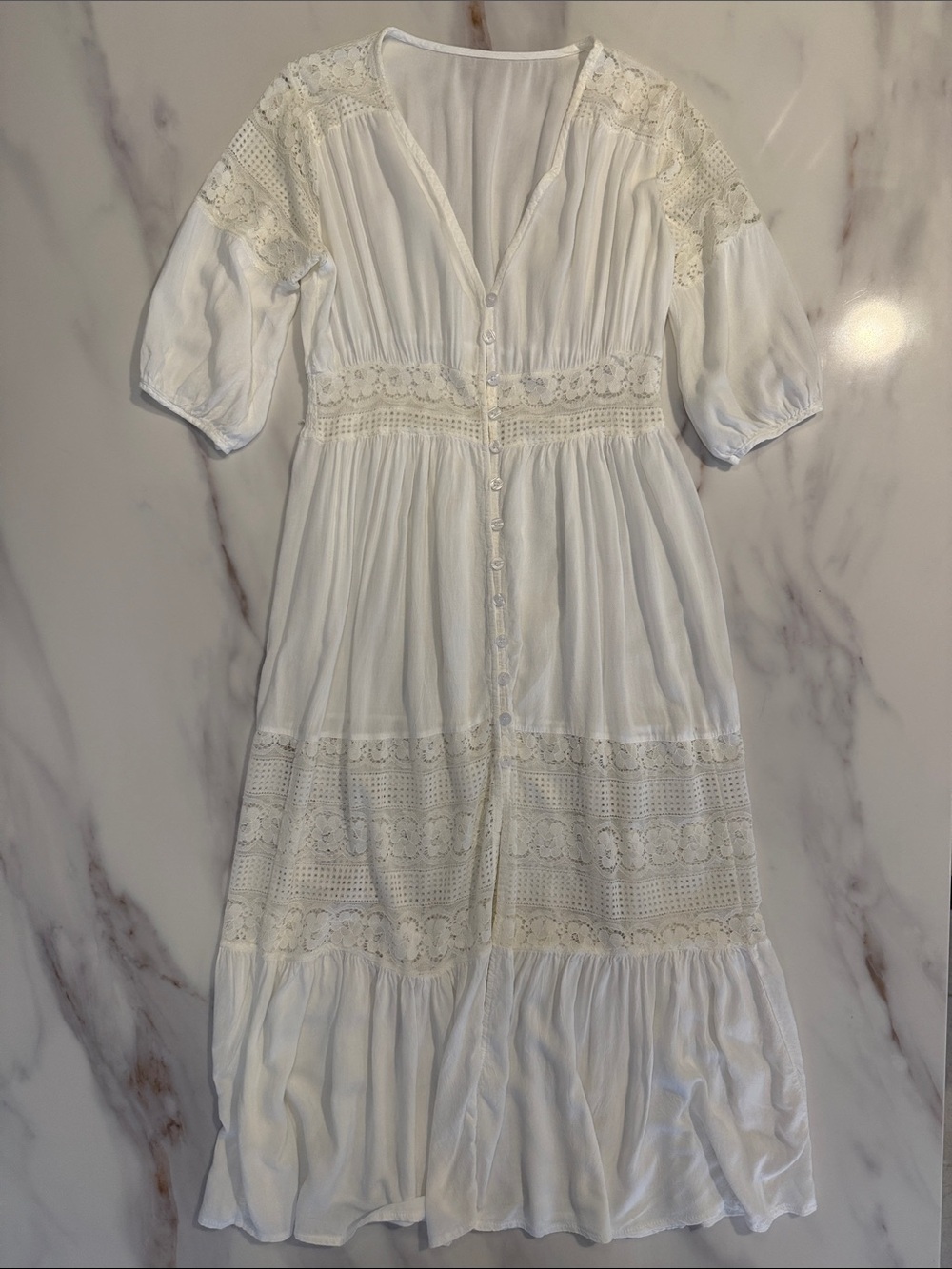 Bohemian White Lace-Trim Maxi Dress with Button Front Medium